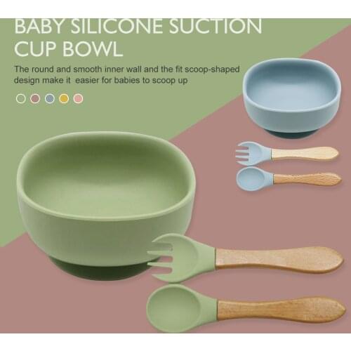 New Solid Baby Feeding Bowl Food Grade Silicone Bowl Baby Plate Non-slip Suction Bowl Kids Tableware Waterproof BPA Free Spoon