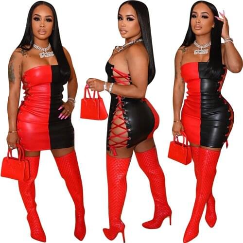 New Women Sexy Red And Black Patchwork Corns Bandage Pu Leather Strapless Chest Wrapping Mini Bodycon Dress