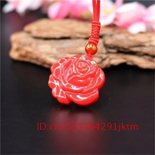 Chinese Fashion Pendant Amulet Necklace for Natural Charm Men Gifts Rose Hand Flower Carved Red Jewelry Women Jadeite Jade