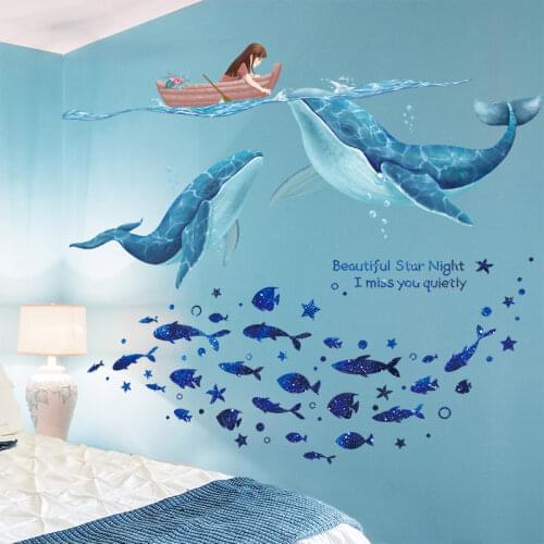 [shijuekongjian] Fish Wall Stickers DIY Cartoon Girl Whales Mural Decals for Kids Rooms Baby Bedroom Nursery House Decoration
