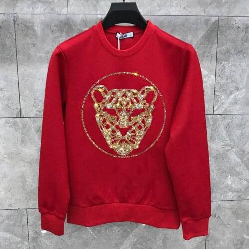 Personality O-Neck Top Fashion Mens Hoodie Big Lion Thick Autumn Diamond Fleece Winter Sweatshirt Oversized