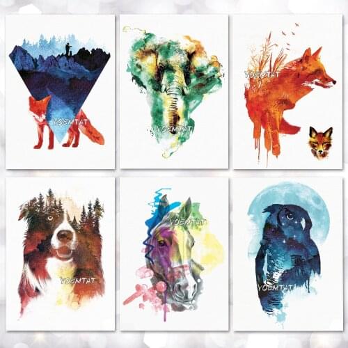 Waterproof Temporary Tattoo Sticker Watercolor Fox Wolf Pattern Tattoo Water Transfer Body Art Fake Tattoo For Women Men