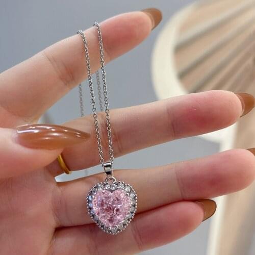 Heart Necklace Shining Bling Pink Crystal Women Clavicle Chain Elegant Charm Wedding Pendant Jewelry