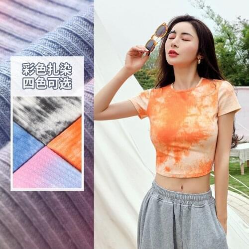 Navel Color Tie-dye T-shirt Women Summer Cotton Short-sleeved Round Neck Stretch Top Breathable Slim-fit Threaded Pullover Shirt
