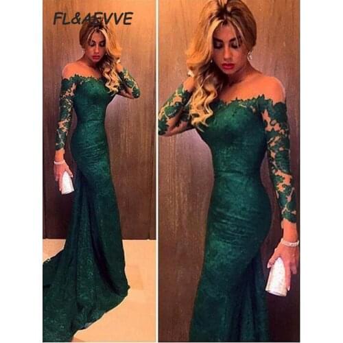 2019 Mermaid Evening Dresses Long Sleeves Off-the-Shoulder Lace Evening Prom Party Sweep Brush Train Dresses