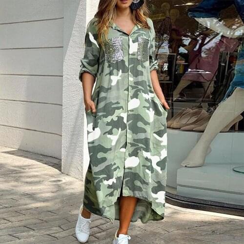 Camouflage Print Shirt Dress Women Single Breasted Button Beach 2021 Spring Long Dress Sexy Turn-down Collar Sequin Pocket Dress