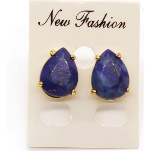 100-Unique 1 Pair Light Yellow Gold Color Water Drop Lapis Lazuli Stud Earrings Elegant Womens Earring