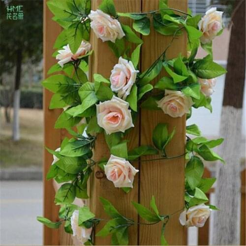 2.45m/lot Fake Silk Roses Artificial Flowers Ivy Vine Hanging Garland Decor with Green Leaves For Home Wedding Decoration