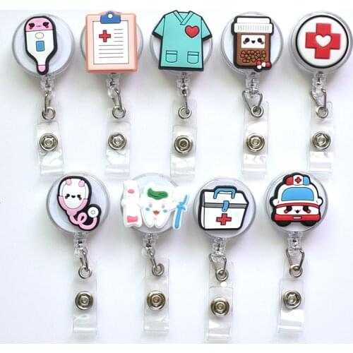 2021 New Design High Quality Silicone Retractable Hospital Nurse Badge Holder Reel Clip Cute Cartoon ID Card Holder Keychains