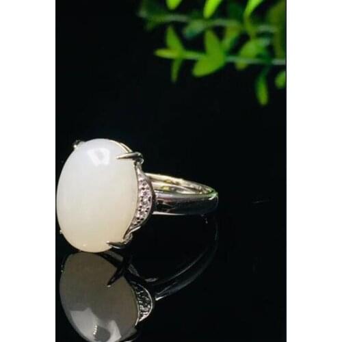 925 Silver Encrusted Natural And Tian Baiyu Ring Fashion Womens White Jade