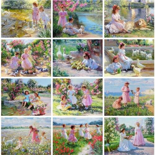 Huacan 5d Diamond Painting Full Square Girls Portrait Diamond Embroidery Sets Mosaic Flower Landscape Needlework Home Decor