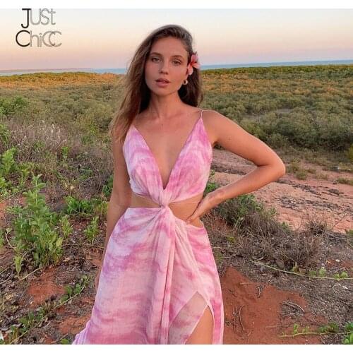 Justchicc Tye Die Hollow Out Summer Dress For Women Sexy Fashion Print Backless Mid-calf Dresses V-neck High Split Midi Vestidos