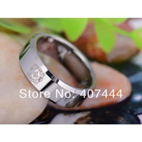 Free Shipping YGK JEWELRY Hot Sales 8MM Polished Silver Beveled Fireman MASONIC Tungsten Carbide Wedding Ring
