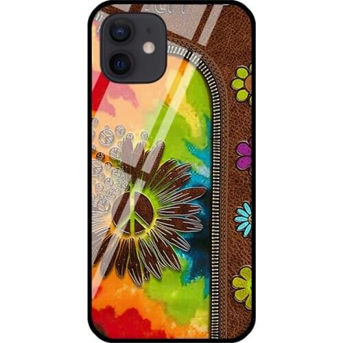 Hippie Daisy Tie-dye Leather Hippie Peace Tempered Glass Case For iPhone 11 Pro Max XS 12 mini SE 7 8 Plus XR Shell Cover Coque