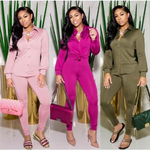 Elegant Turn-down Collar Button Long Sleeve Shirt Top + Pencil Pants Slim Two Piece Set Casual Solid Streetwear Tracksuit Women