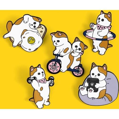 Fitness cat enamel pin custom cat egg bicycle dumbbell hula hoop brooch bag lapel pin cartoon badge for kids friends accessories