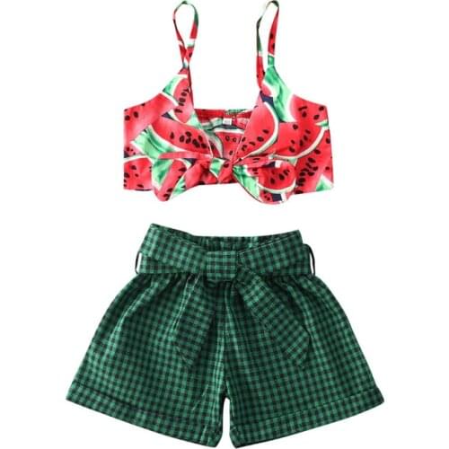 FOCUSNORM Summer 0-4Y Kids Girls Clothes Sets Watermelon Printed Strapless Bow Vest Tops Plaid Shorts 2pcs