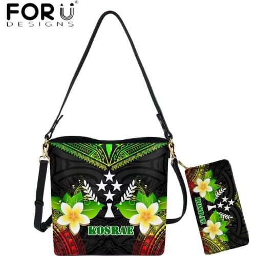 FORUDESIGNS Vintage Women 2pcs Set Handbag And Purse Kosrae Polynesian Golden Color With Plumeria Flower Print Crossbody Sac