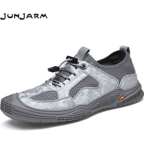 JUNJARM High Quality Leather Mesh Casual Shoes Summer Breathable Handmade Sneakers Comfortable Light Sport Shoes Big Size38-46