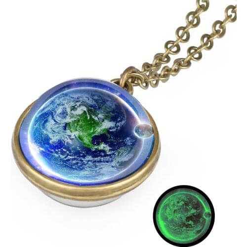 Fashion Double Side Glass Ball Pendant Necklace Luminous Galaxy Earth Planet Pattern Necklaces For Women Jewelry Party Gifts