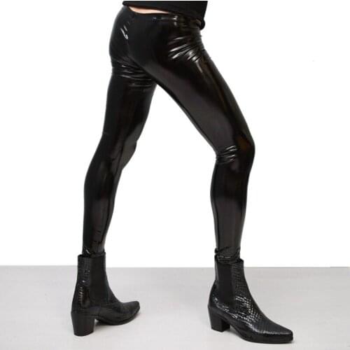 Men Thin Leisure Leather Tight Ninth Pants Tight Nine Points Trousers PVC Faux Leather Punk Legging Glossy Shiny Pencil Pants