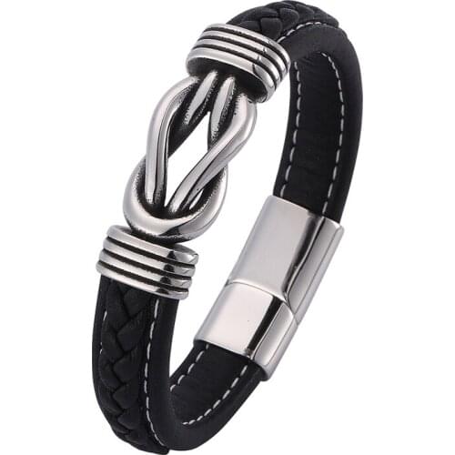 Casual Jewelry Black Leather Men Bracelet Irregular Winding Graphic Stainless Steel Magnet Clasp Male Wristband Man Gifts PD0771