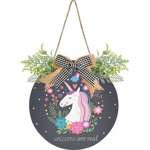 Newest Cartoon Print Round Door Sign Hanging PVC Wall Pediments With Artificial Green Plants And Elegant Bow Decor Accept Custom