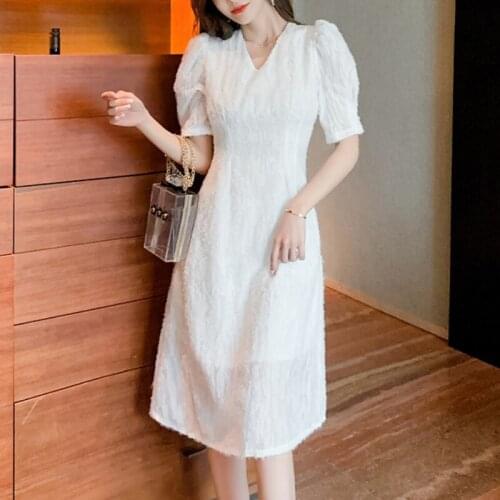 New arrival fashion beach v-neck dress women vintage elegant summer temperament comfortable outdoor white lovely a-line dress