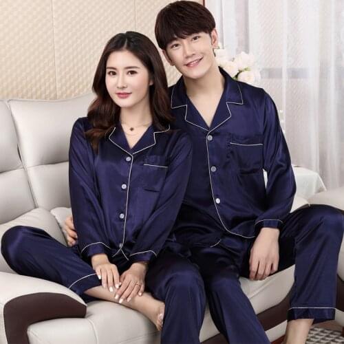 Couple Pajamas Set 2021 Summer New Thin Ice Nightwear Silk Like Long Sleeve Home Wear Couple Two Piece Suit Sleepwear