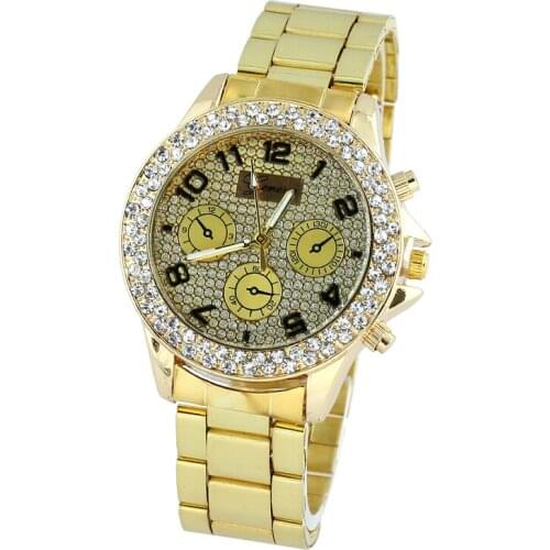Luxury Three Eyes Gold Full Steel Strap Relogio Feminino Quartz Analog Dress Women Watch Wristwatc