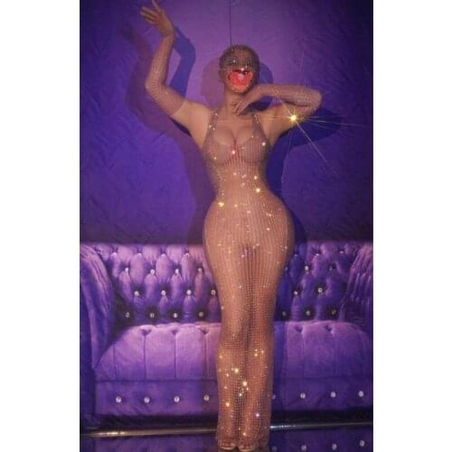 Mesh Transparent Fashion Evening Party Prom Celebrate Rhinestones Dresses Bar Women Singer Model Catwalk Crystals Stage Costume