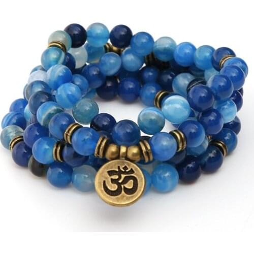 Blue 108 beads 8mm elastic adjustable Lotus life tree Buddha OM eye Chakra Reiki agate Onyx Yoga Bracelet necklace thj4