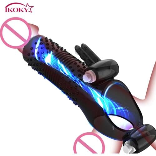 IKOKY Strap On Penis Vibrating Ring Ejaculation Delay Cock Sleeve Dick Enlargement Extender G spot Stimulator Sex Toy for Man