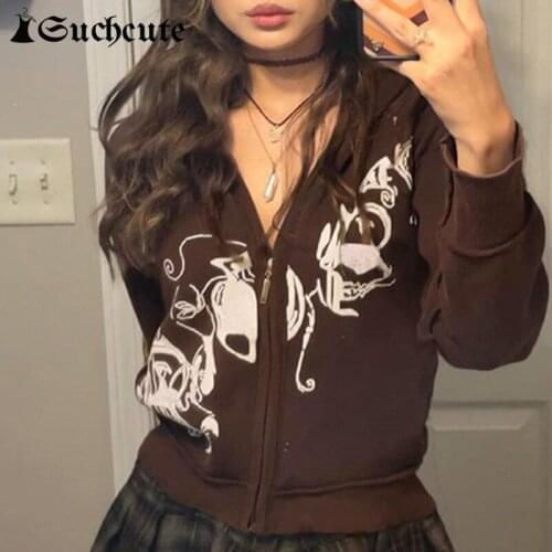 SUCHCUTE Vintage Hooded Hoodies Retro Print Casual Aesthetic Women Sweatshirts Harajuku Zip Up Long Tops Streetwear Y2K Coats