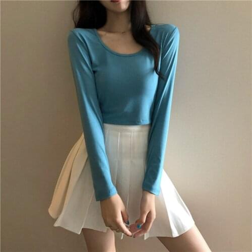 Womens bottoming shirt 2021 spring new round neck Korean fashion Slim Fit Sexy short long sleeve T-shirt womens shirt cheap