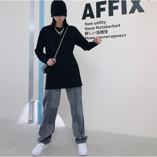 Spring New High Street Trend Ins Jeans Stitching Straight Jeans Women High Waist Wide Leg Fashion Denim Trousers