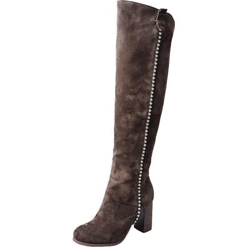 2020 Winter New Rivet Over-The-Knee Cow Suede Riding Boots Women High Heel Genuine Leather Thigh High Boots Shoes Lady Sock Boot