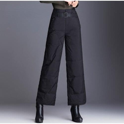 Women Winter Thick Down Cotton Pants Warm Female Casual High Waisted Pants Loose Wide Leg Long Trousers Plus Size Black Y623