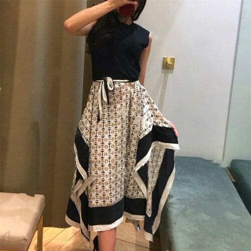 Womens round neck tank patchwork dress irregular printing elegant party dress