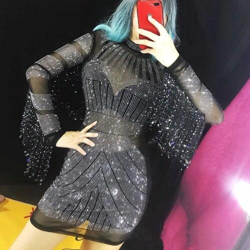 Bright Rhinestone Long Sleeve Tassel Dresses Female Singer DJ Costume Nightclub Bar Sexy Perspective Dress Stage Outfits DWY3397
