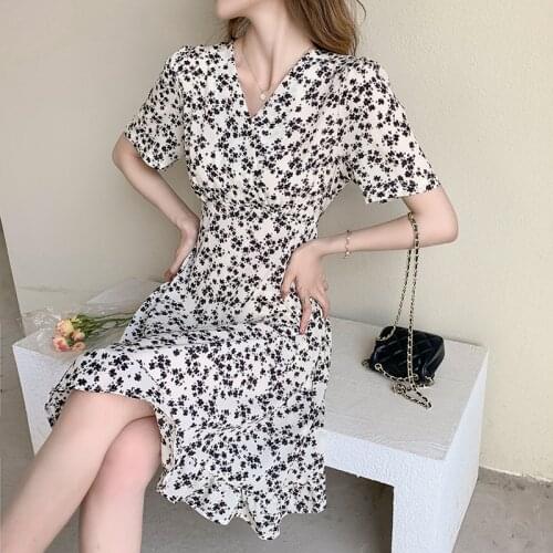Elegant V-neck High Waist Floral Print Dress Women Fashion Ruffle A-line Chiffon Drees Ladies Summer Casual Dresses