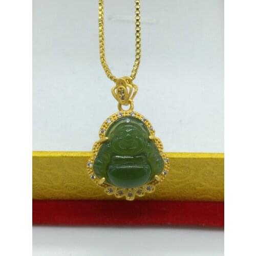 3D Yellow Gold Pure Gold Inlaid Natural Hetian Jade Laughing Buddha Pendant Necklace for Woman Chains Jewerly