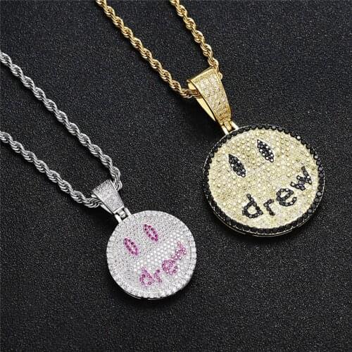 Iced Out Full CZ Stone Drew Smiley Face Pendant Necklace For Men Women Bling Hip Hop Couple Jewelry ValentineS Gift