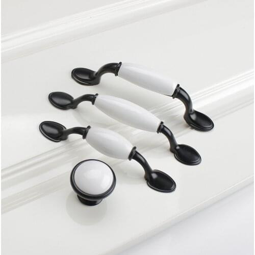 1PC Black/White Door Handles Country Style Ceramic Drawer Pulls Knob Kitchen Cabinet Handles and Knobs Furniture Handles