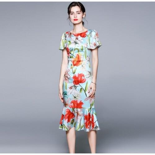 JSXDHK 2021 New Arrival Runway Summer Mermaid Dress Fashion Women Flower Print Satin Ruffles Butterfly Sleeve Bodycon Slim Dress