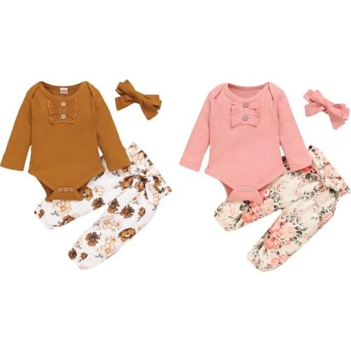 3 PCS 0-18M Baby’s Autumn Clothes 2Colors Solid-Color O-Neck Long-Sleeves Rompers Top + Floral Prints Tie-Waist Pants Bowknot