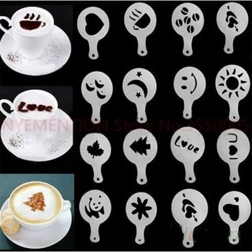 Kitchen Dining Bar 32pcs=2set Plastic Cafe Foam Spray Template Barista Stencils Tools Garland Mold Fancy Coffee Art Needles