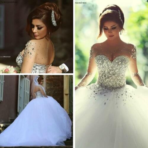 Princess Dream Fairytale Wedding Dress Tulle Crystal Beading Long Sleeves Bridal Gowns