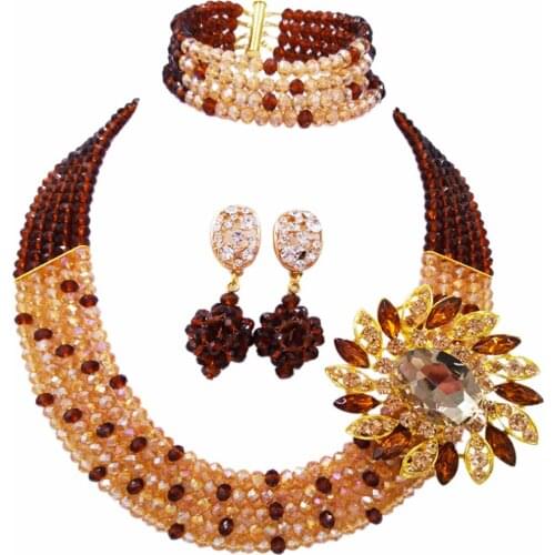 Fashion 5 Layers Brown Gold AB Nigerian Wedding African Beads Jewelry Set Crystal Necklace Earrings 5L-ZJ017