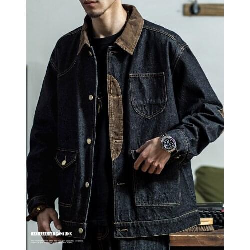 Men Fashion Black Denim Jacket Tough American Retro Hunting Jacket Denim Corduroy Stitching Denim Loose Jacket Trendy Men